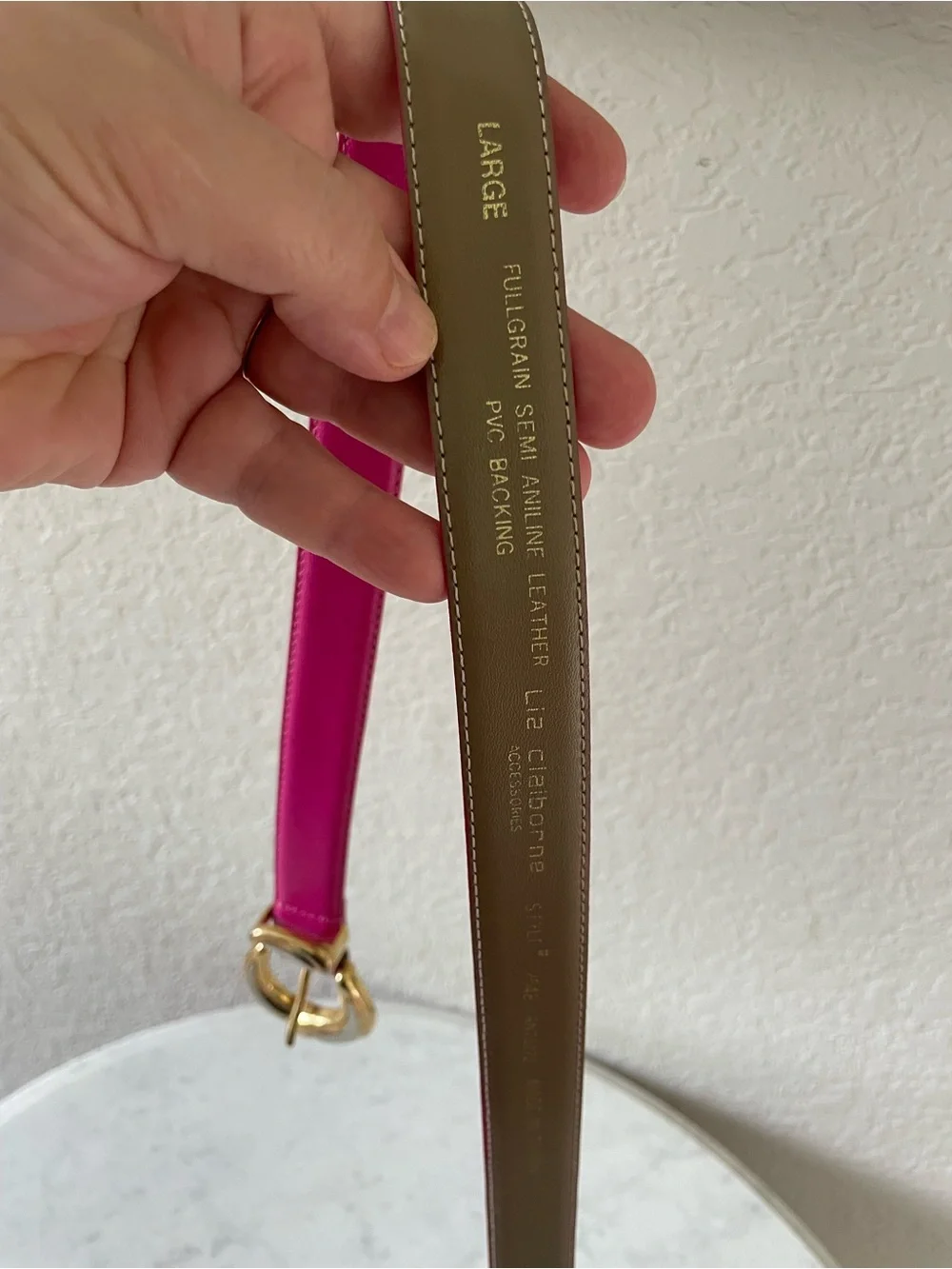 Vintage Liz Claiborne Italy Full Grain Leather Fuchsia Gold Buckle Belt Large